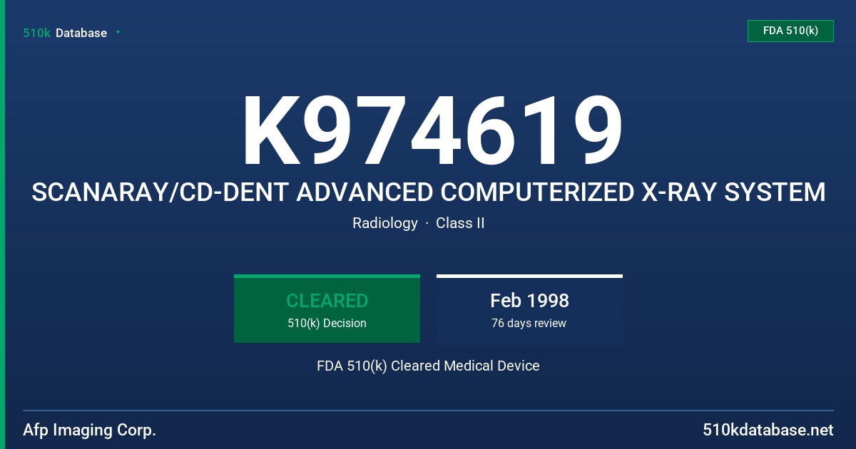 K974619 SCANARAY/CD-DENT ADVANCED COMPUTERIZED X-RAY SYSTEM FDA 510(k) Cleared Medical Device