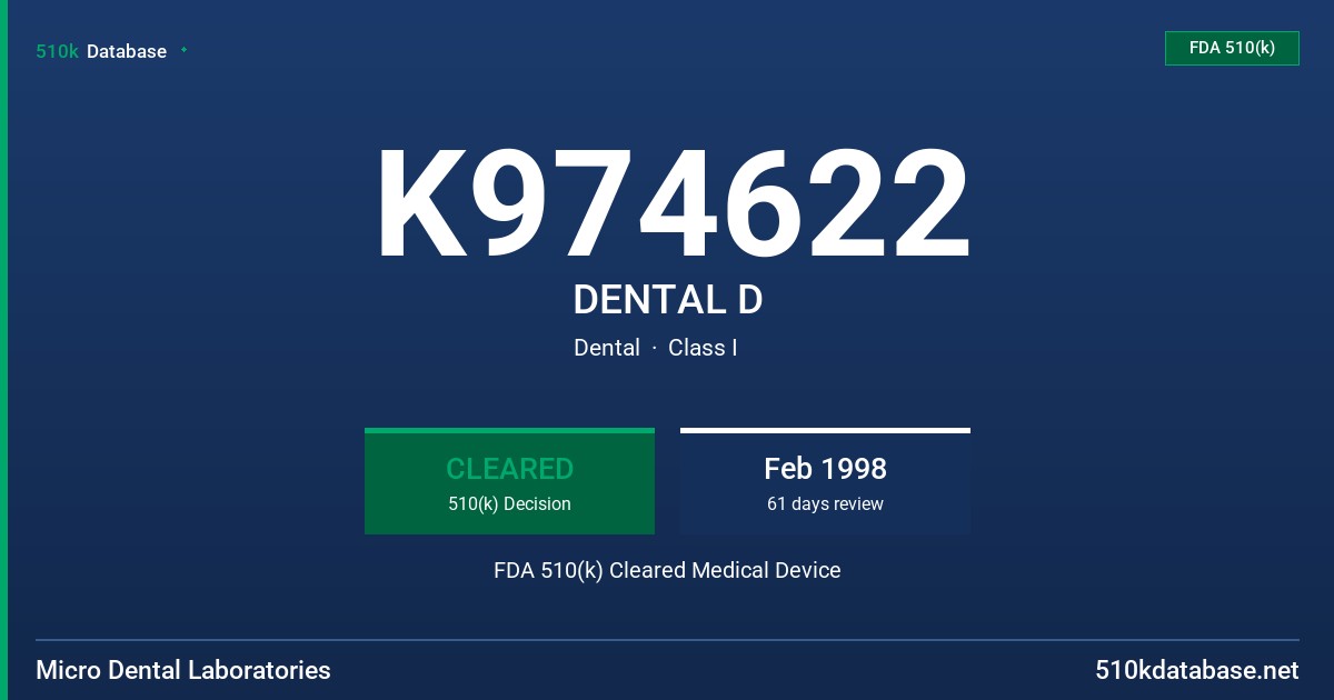 K974622 DENTAL D FDA 510(k) Cleared Medical Device