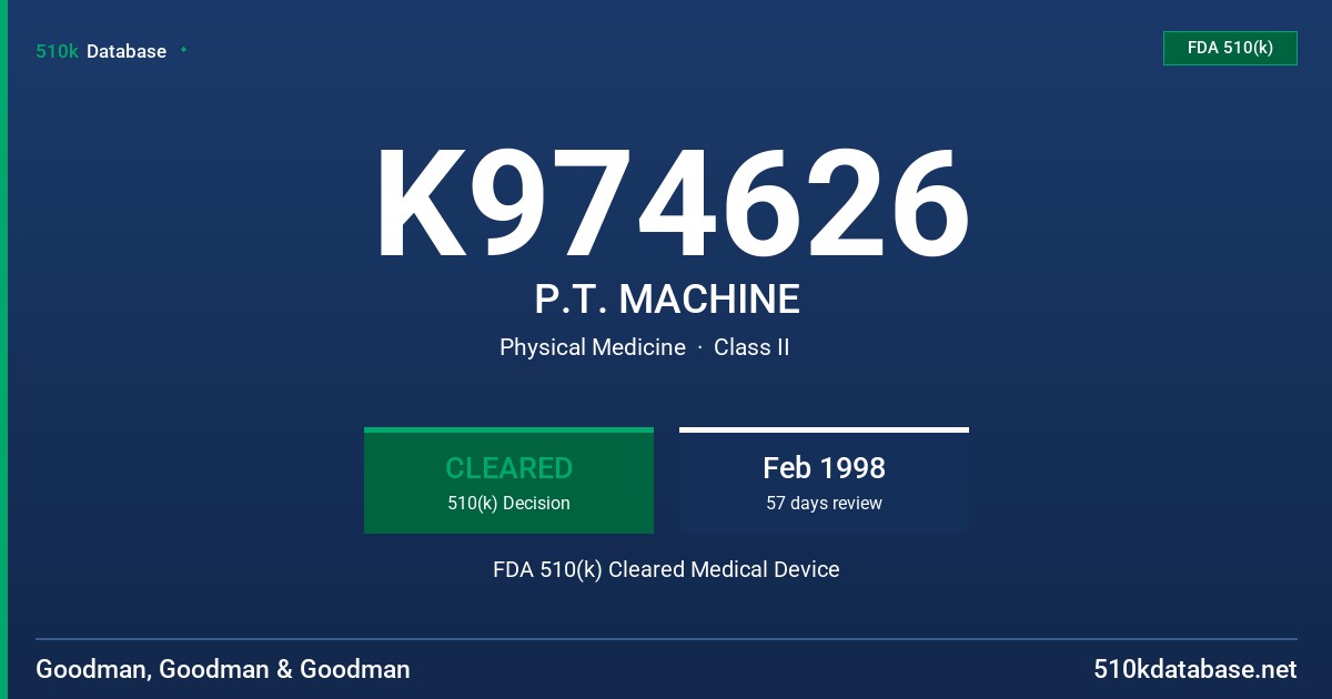 K974626 P.T. MACHINE FDA 510(k) Cleared Medical Device