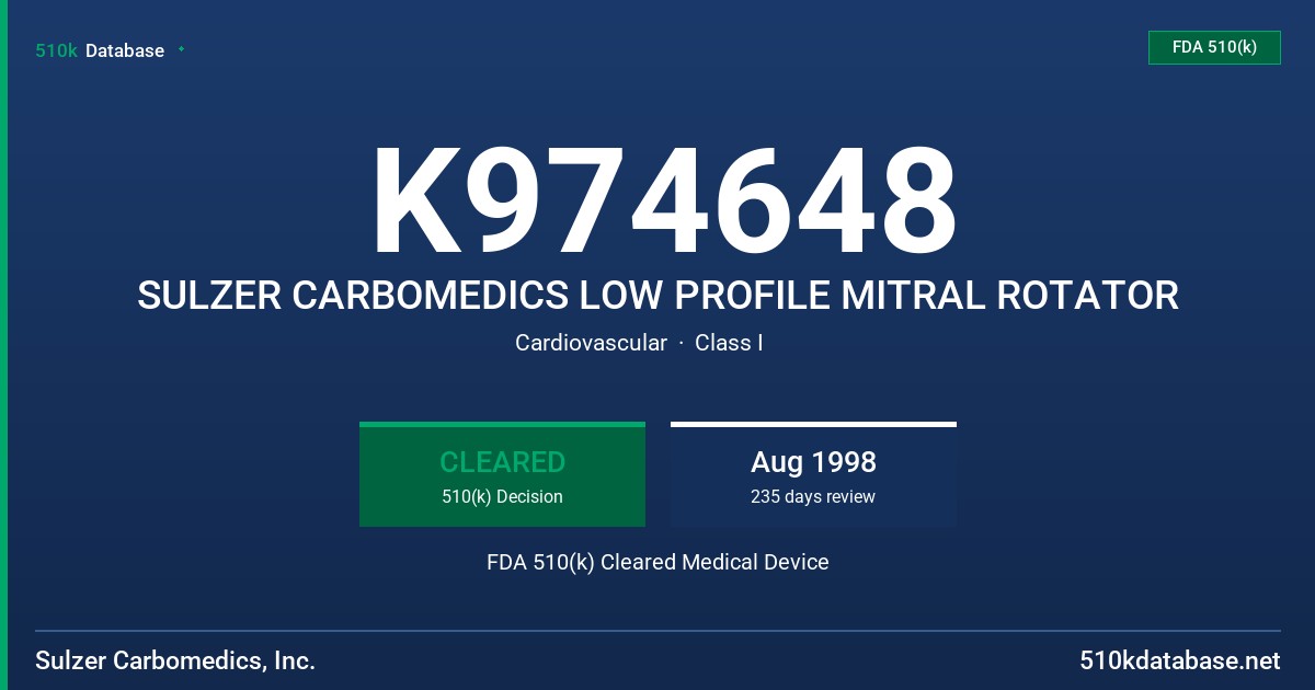 K974648 SULZER CARBOMEDICS LOW PROFILE MITRAL ROTATOR FDA 510(k) Cleared Medical Device