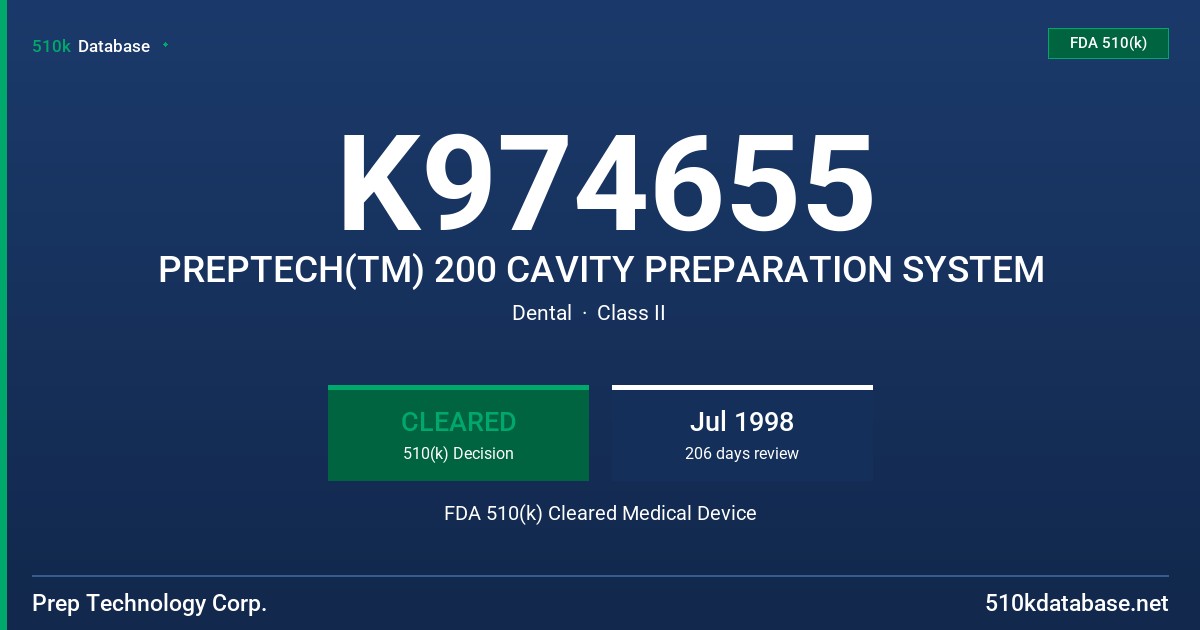 K974655 PREPTECH(TM) 200 CAVITY PREPARATION SYSTEM FDA 510(k) Cleared Medical Device