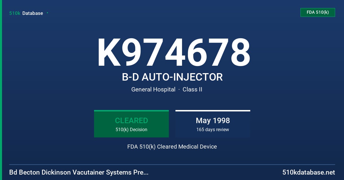 K974678 B-D AUTO-INJECTOR FDA 510(k) Cleared Medical Device