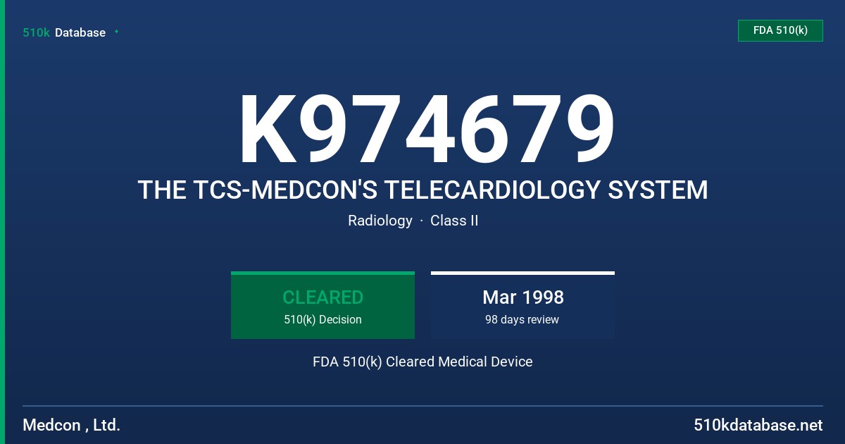 K974679 THE TCS-MEDCON'S TELECARDIOLOGY SYSTEM FDA 510(k) Cleared Medical Device