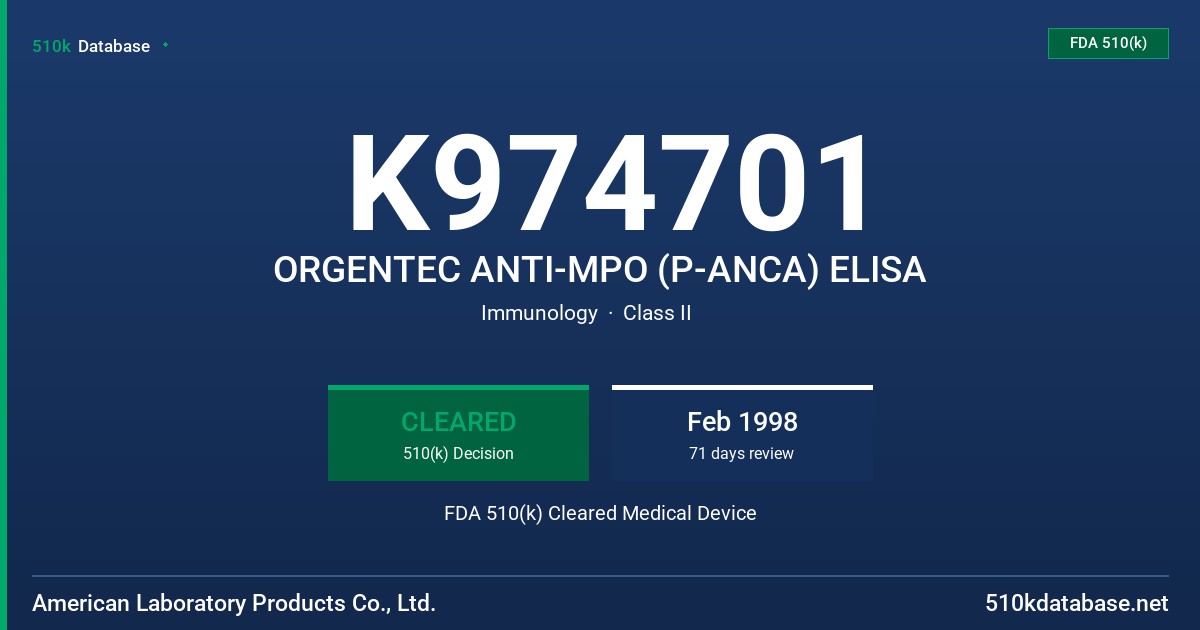 K974701 ORGENTEC ANTI-MPO (P-ANCA) ELISA FDA 510(k) Cleared Medical Device