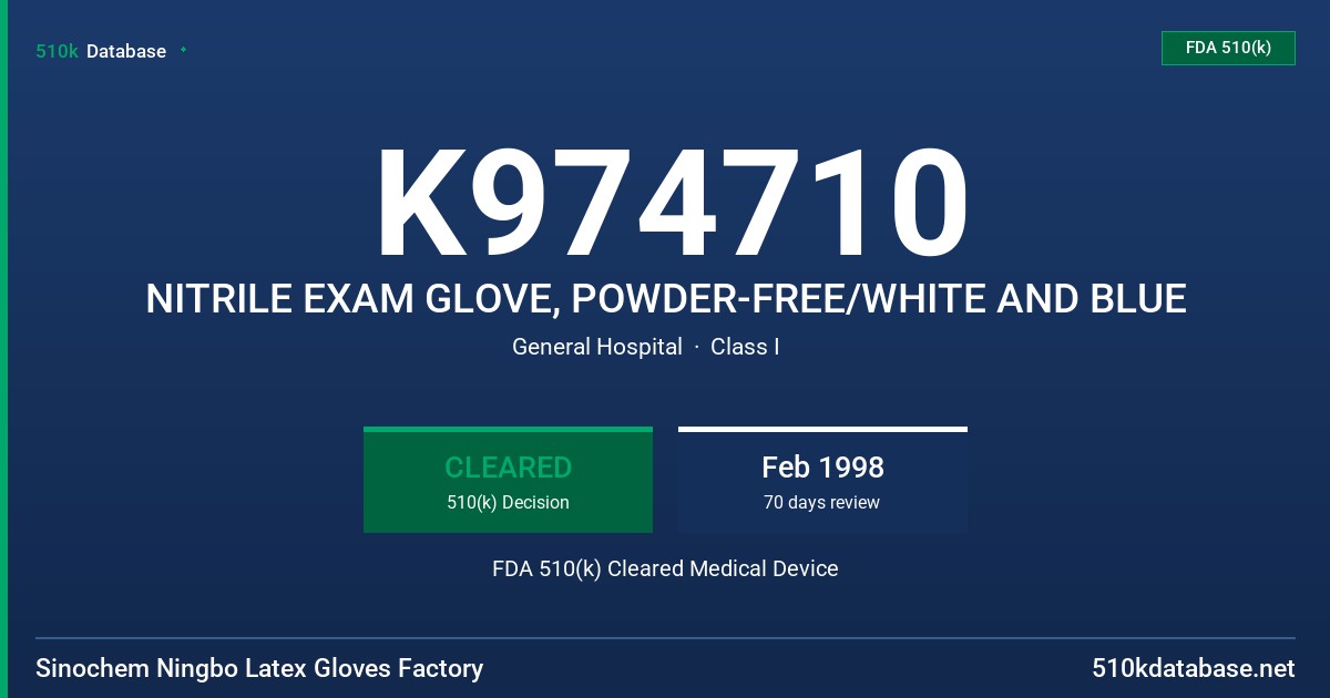 K974710 NITRILE EXAM GLOVE, POWDER-FREE/WHITE AND BLUE FDA 510(k) Cleared Medical Device