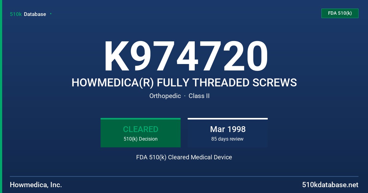 K974720 HOWMEDICA(R) FULLY THREADED SCREWS FDA 510(k) Cleared Medical Device