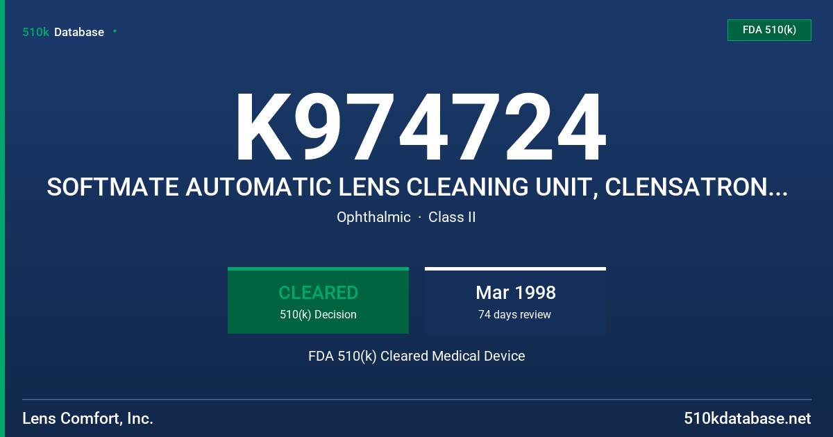 K974724 SOFTMATE AUTOMATIC LENS CLEANING UNIT, CLENSATRON 700 CL AUTOMATIC CONTACT LENS CLEANER, VISONIC DOME, LENSONIC CONTACT FDA 510(k) Cleared Medical Device