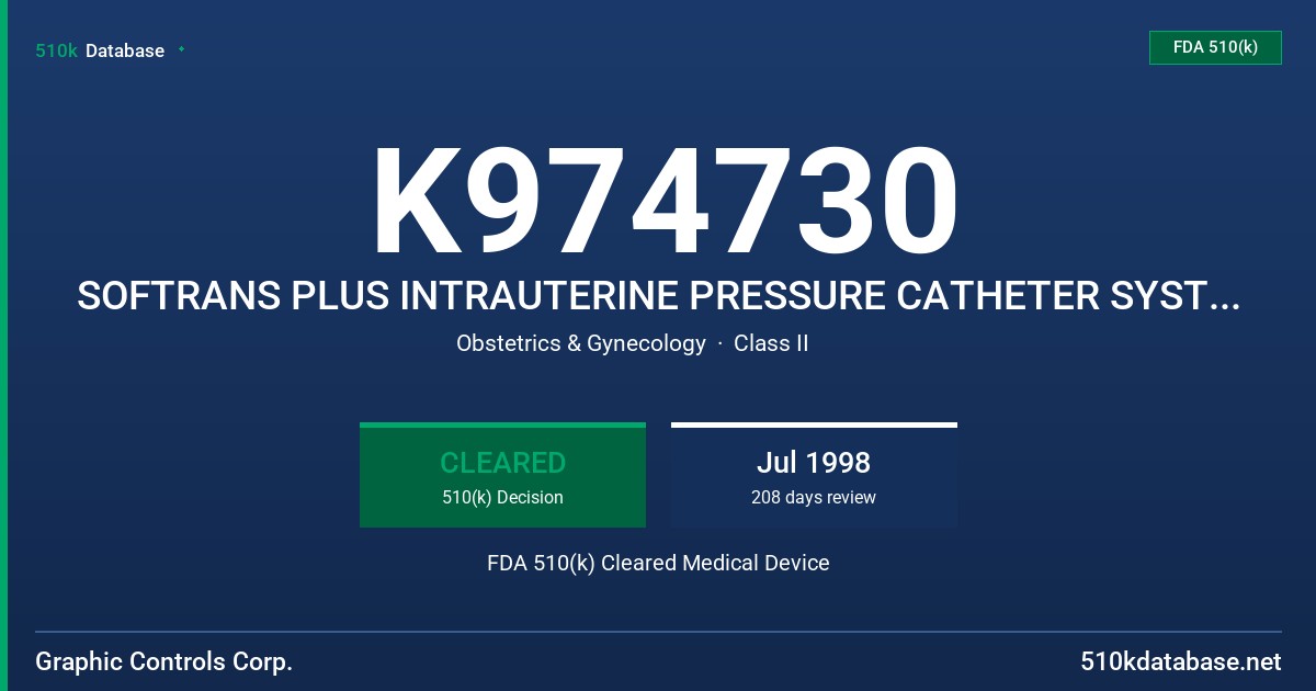 K974730 SOFTRANS PLUS INTRAUTERINE PRESSURE CATHETER SYSTEM (IUP 5000, SOFTRANS PLUS IUPC) FDA 510(k) Cleared Medical Device
