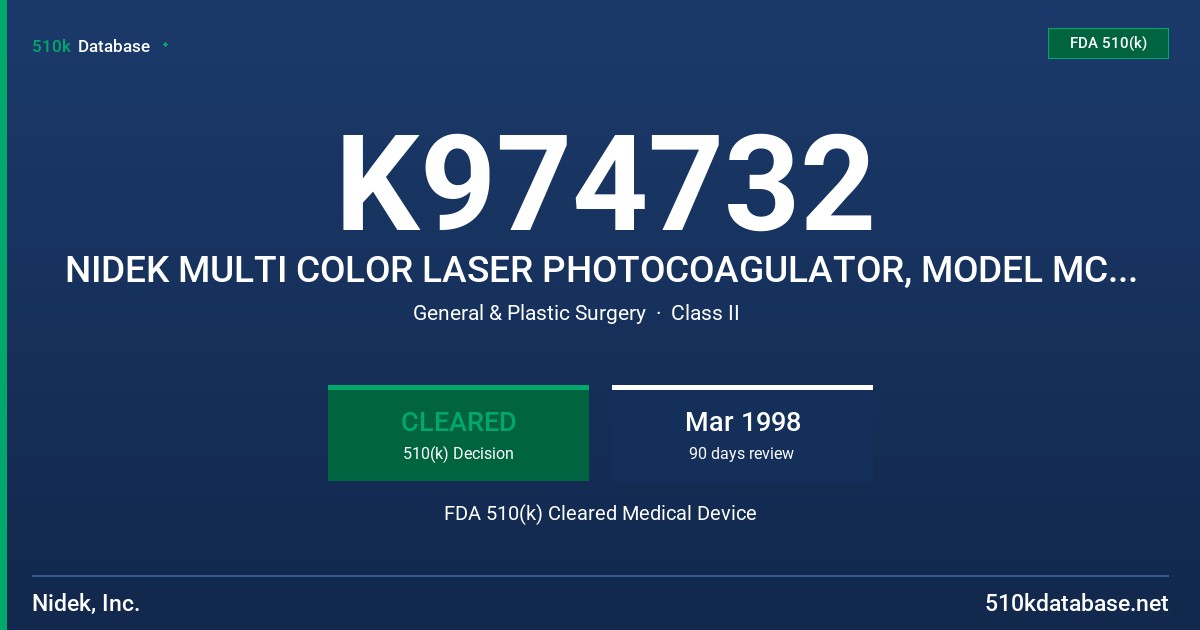 K974732 NIDEK MULTI COLOR LASER PHOTOCOAGULATOR, MODEL MC-7000 FDA 510(k) Cleared Medical Device