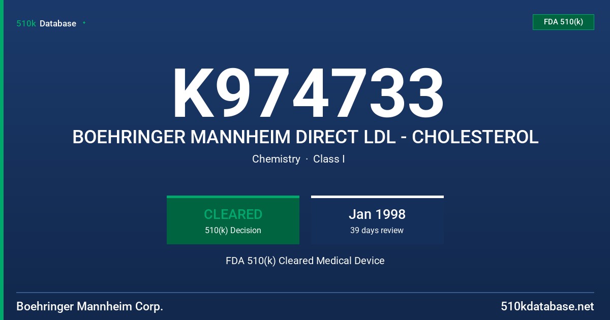 K974733 BOEHRINGER MANNHEIM DIRECT LDL - CHOLESTEROL FDA 510(k) Cleared Medical Device