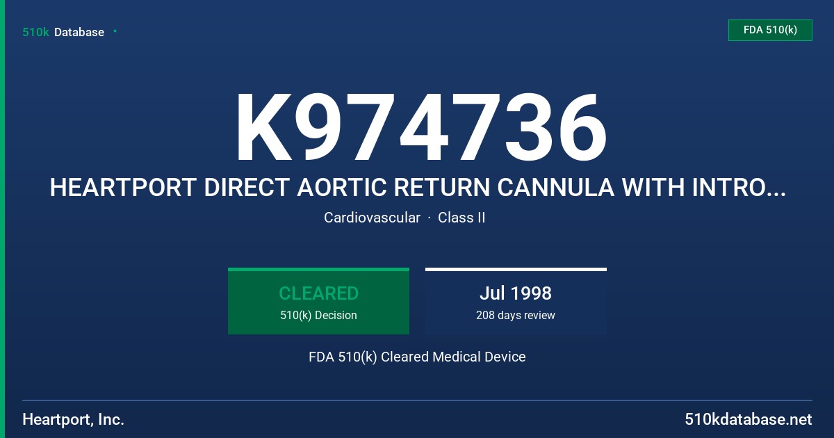K974736 HEARTPORT DIRECT AORTIC RETURN CANNULA WITH INTRODUCER FDA 510(k) Cleared Medical Device
