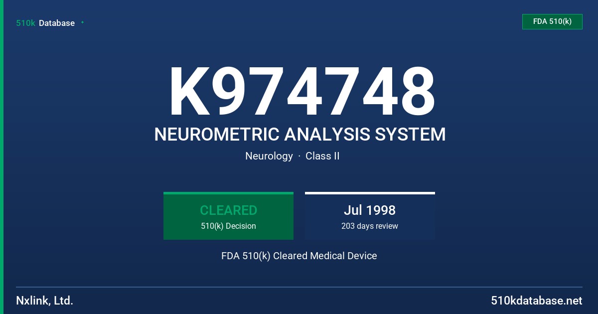 K974748 NEUROMETRIC ANALYSIS SYSTEM FDA 510(k) Cleared Medical Device