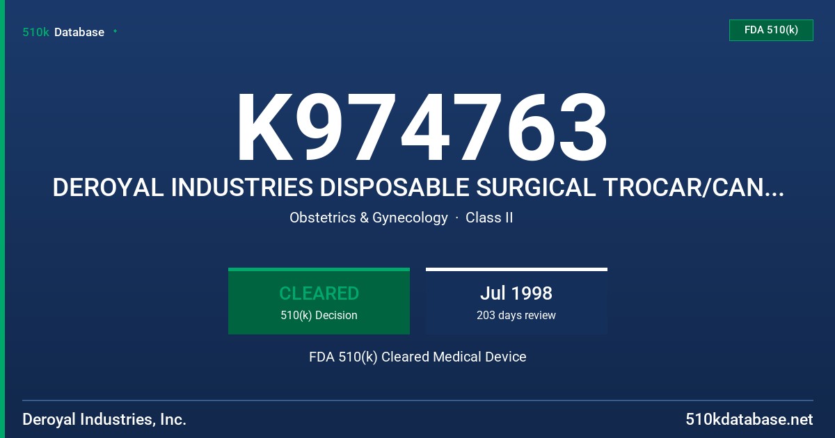 K974763 DEROYAL INDUSTRIES DISPOSABLE SURGICAL TROCAR/CANNULA FDA 510(k) Cleared Medical Device