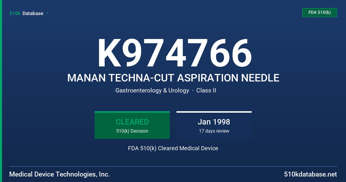 K974766 MANAN TECHNA-CUT ASPIRATION NEEDLE FDA 510(k) Cleared Medical Device