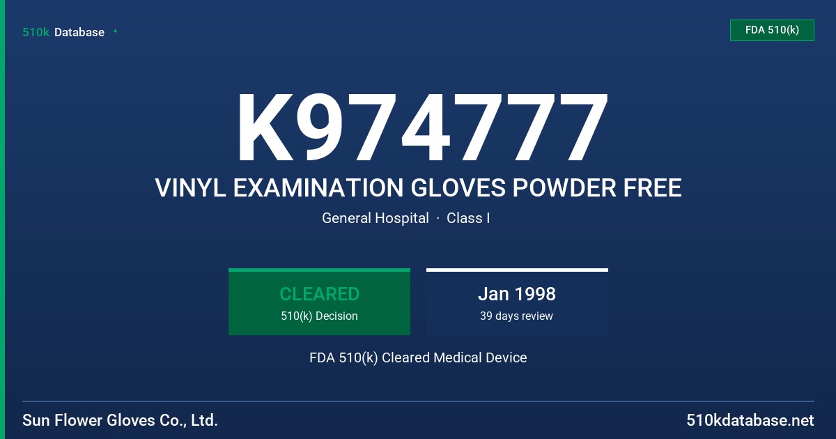 K974777 VINYL EXAMINATION GLOVES POWDER FREE FDA 510(k) Cleared Medical Device