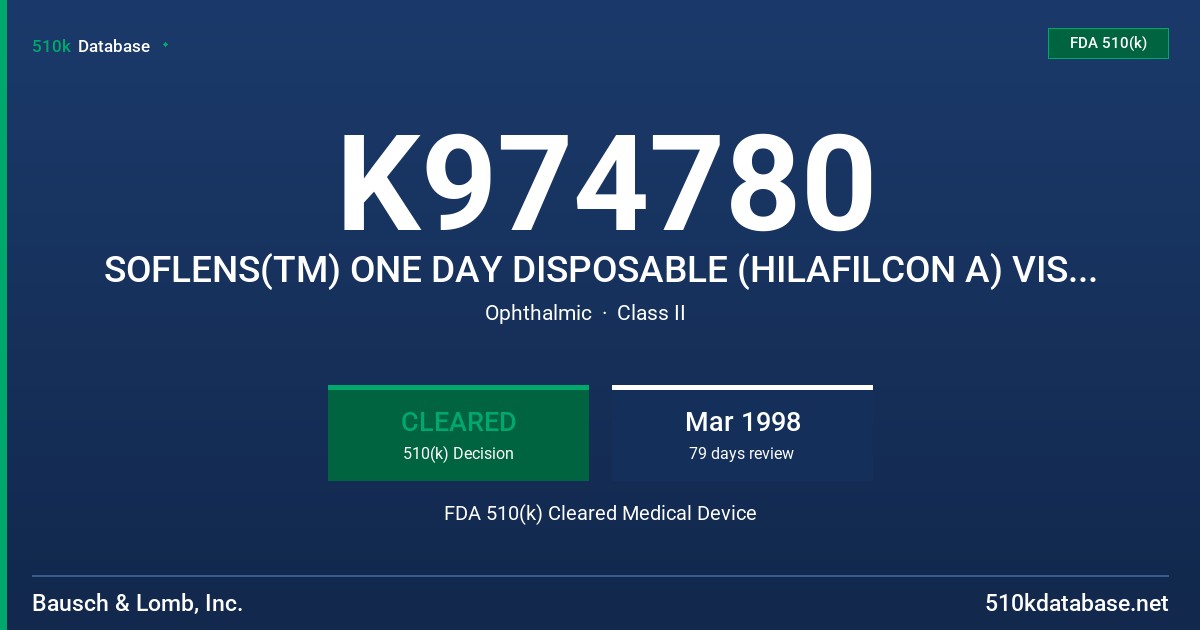K974780 SOFLENS(TM) ONE DAY DISPOSABLE (HILAFILCON A) VISIBILITY TINTED CONTACT LENS FDA 510(k) Cleared Medical Device
