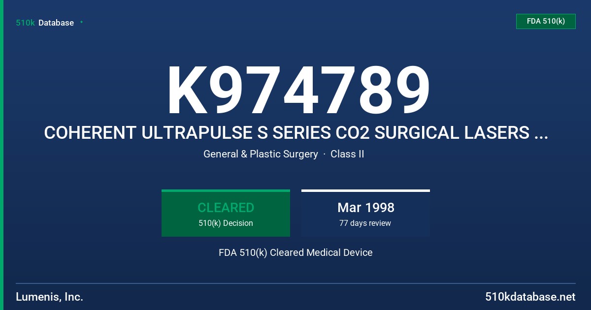 K974789 COHERENT ULTRAPULSE S SERIES CO2 SURGICAL LASERS MODEL C AND L FDA 510(k) Cleared Medical Device