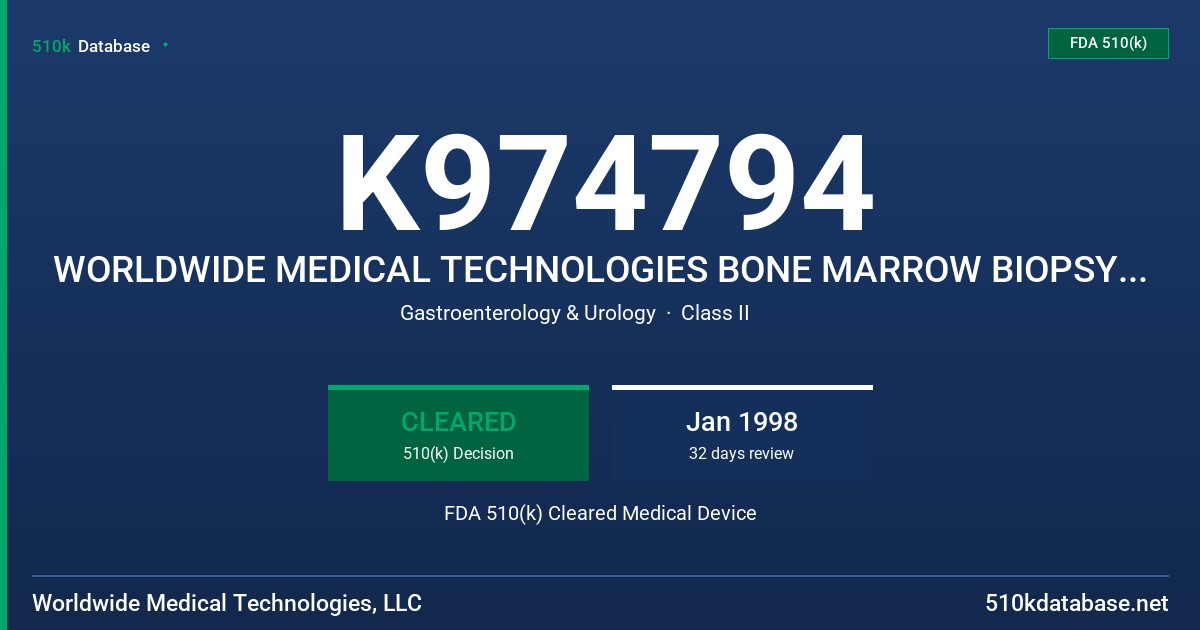 K974794 WORLDWIDE MEDICAL TECHNOLOGIES BONE MARROW BIOPSY NEEDLE FDA 510(k) Cleared Medical Device