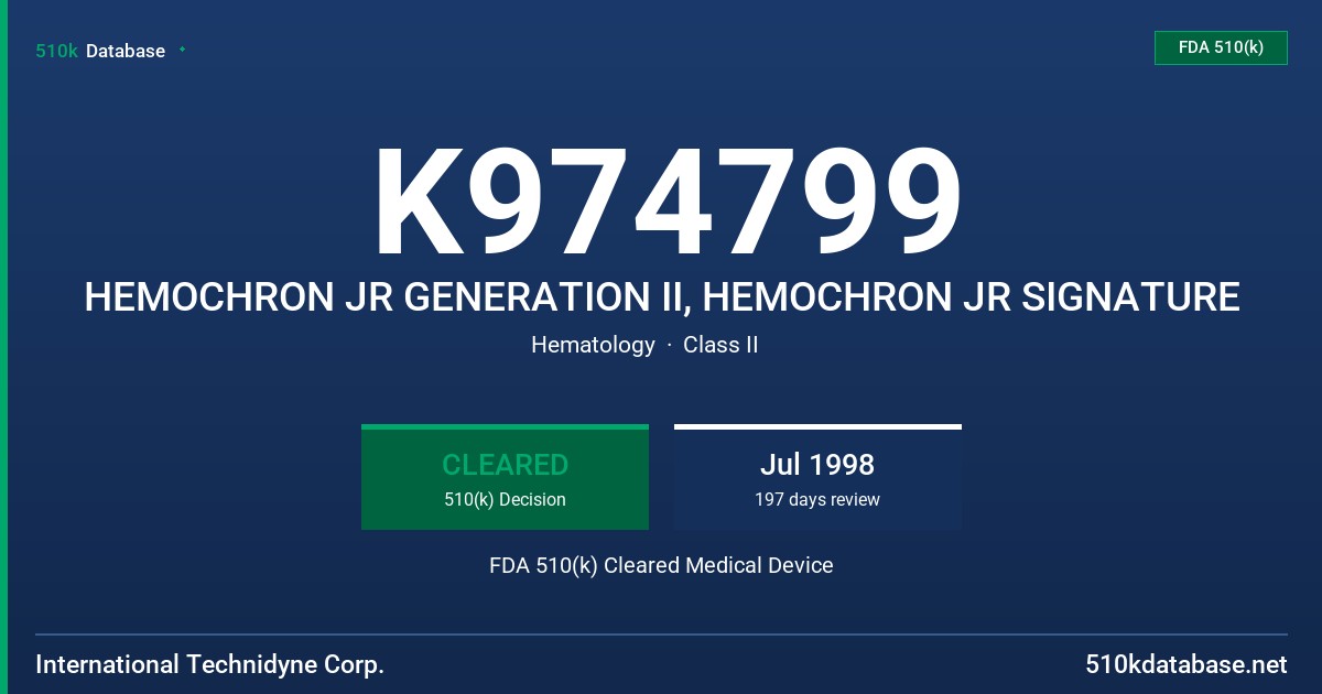 K974799 HEMOCHRON JR GENERATION II, HEMOCHRON JR SIGNATURE FDA 510(k) Cleared Medical Device