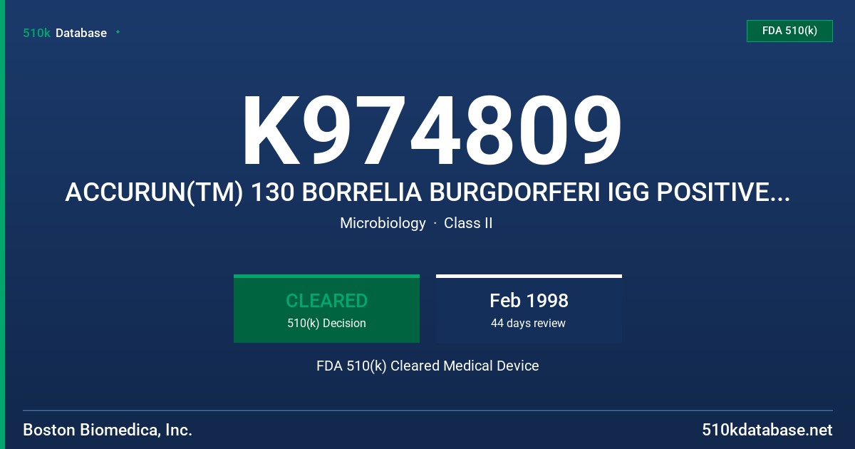 K974809 ACCURUN(TM) 130 BORRELIA BURGDORFERI IGG POSITIVE CONTROL FDA 510(k) Cleared Medical Device