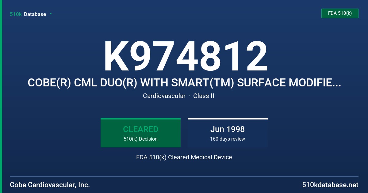 K974812 COBE(R) CML DUO(R) WITH SMART(TM) SURFACE MODIFIED MEMBRANCE OXYGENATOR FDA 510(k) Cleared Medical Device
