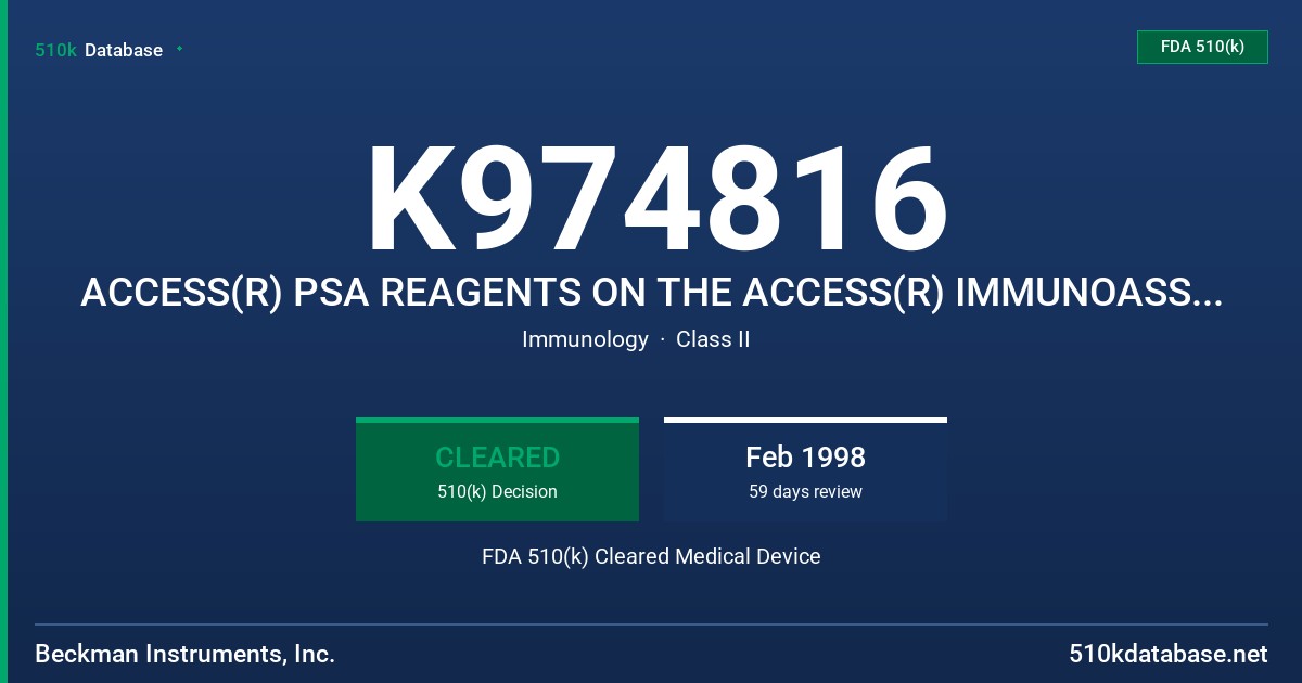 K974816 ACCESS(R) PSA REAGENTS ON THE ACCESS(R) IMMUNOASSAY ANALYZER 33220, 33225, 33229 FDA 510(k) Cleared Medical Device