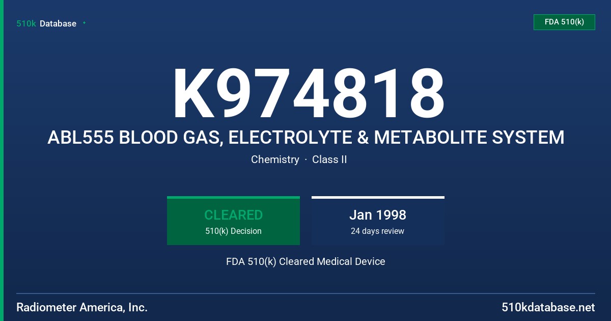 K974818 ABL555 BLOOD GAS, ELECTROLYTE & METABOLITE SYSTEM FDA 510(k) Cleared Medical Device