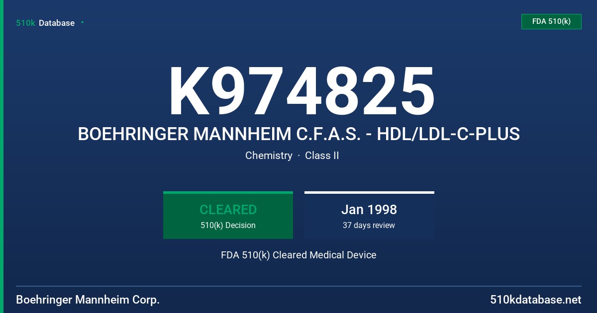 K974825 BOEHRINGER MANNHEIM C.F.A.S. - HDL/LDL-C-PLUS FDA 510(k) Cleared Medical Device