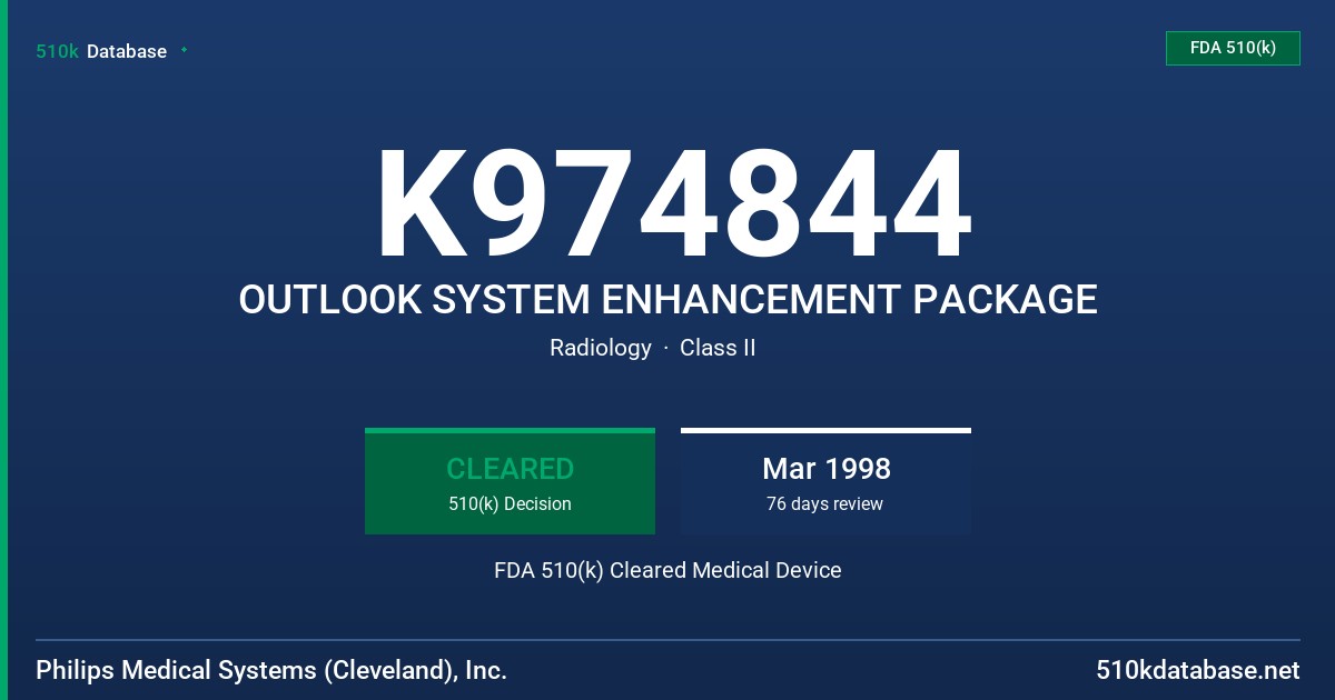 K974844 OUTLOOK SYSTEM ENHANCEMENT PACKAGE FDA 510(k) Cleared Medical Device
