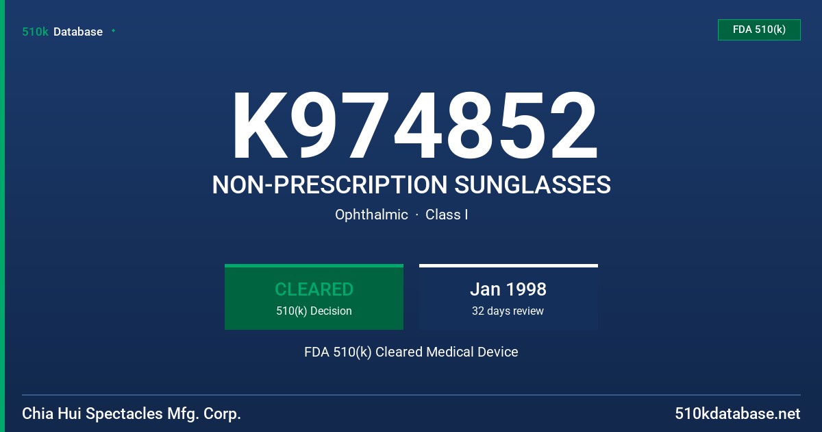 K974852 NON-PRESCRIPTION SUNGLASSES FDA 510(k) Cleared Medical Device