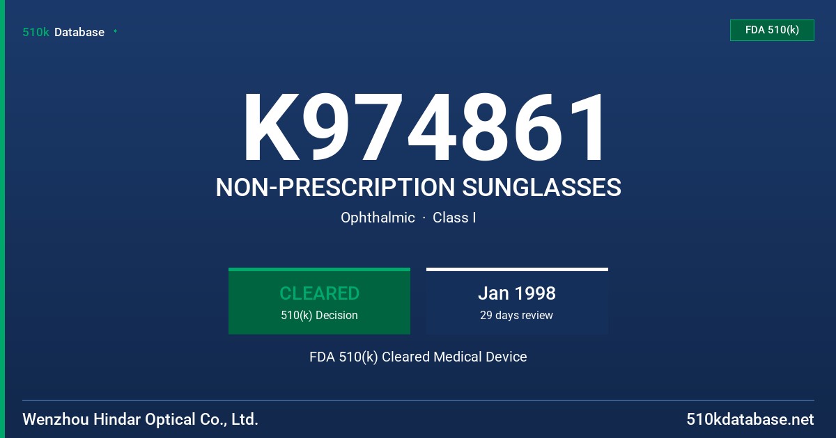 K974861 NON-PRESCRIPTION SUNGLASSES FDA 510(k) Cleared Medical Device