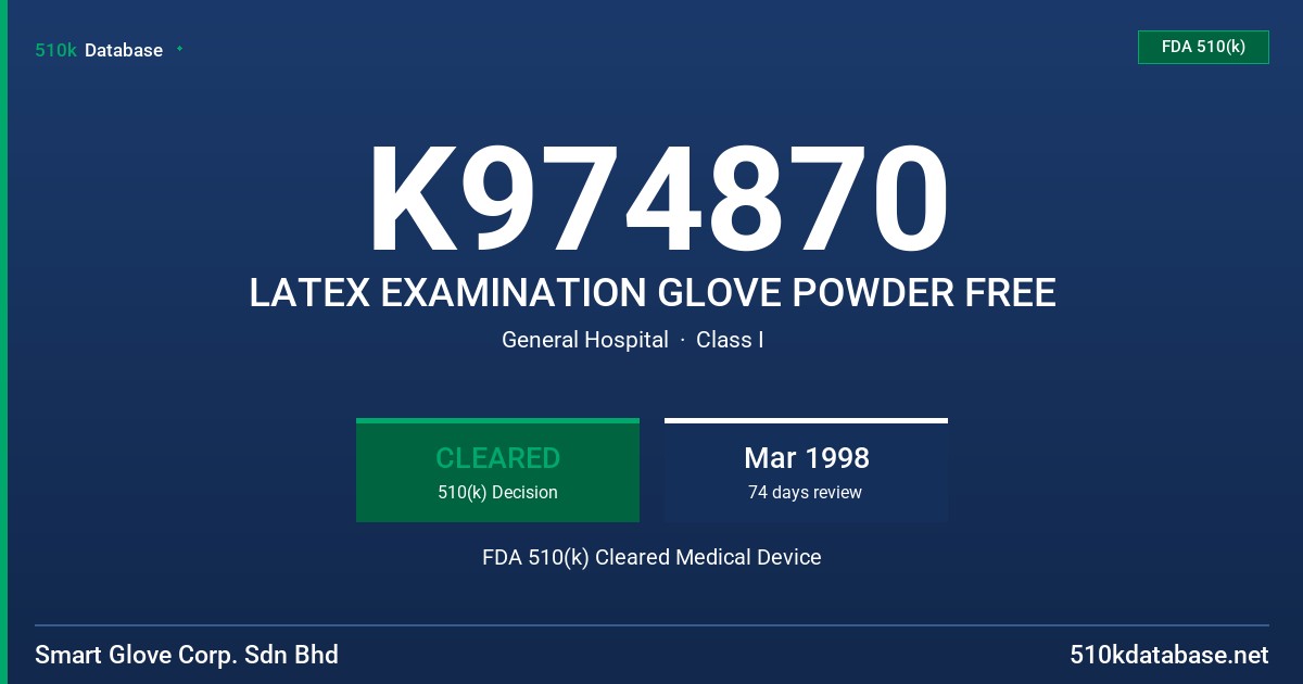 K974870 LATEX EXAMINATION GLOVE POWDER FREE FDA 510(k) Cleared Medical Device