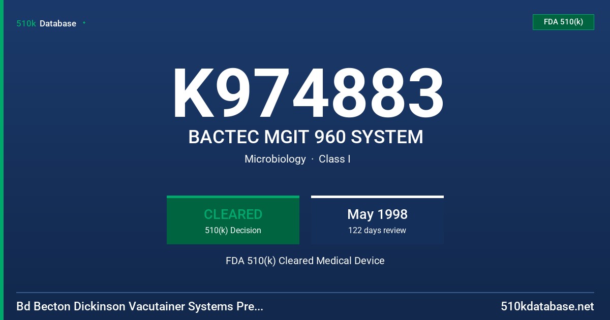 K974883 BACTEC MGIT 960 SYSTEM FDA 510(k) Cleared Medical Device