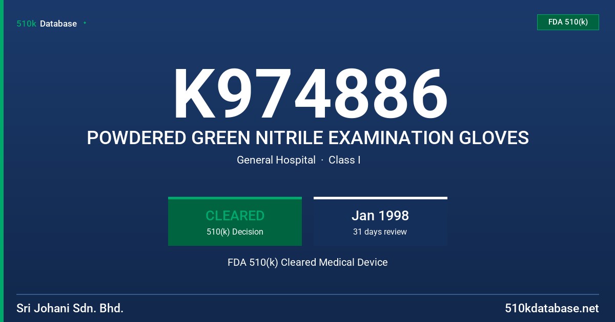 K974886 POWDERED GREEN NITRILE EXAMINATION GLOVES FDA 510(k) Cleared Medical Device