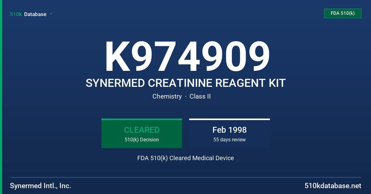 K974909 SYNERMED CREATININE REAGENT KIT FDA 510(k) Cleared Medical Device