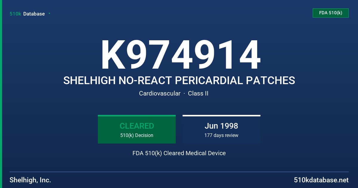 K974914 SHELHIGH NO-REACT PERICARDIAL PATCHES FDA 510(k) Cleared Medical Device