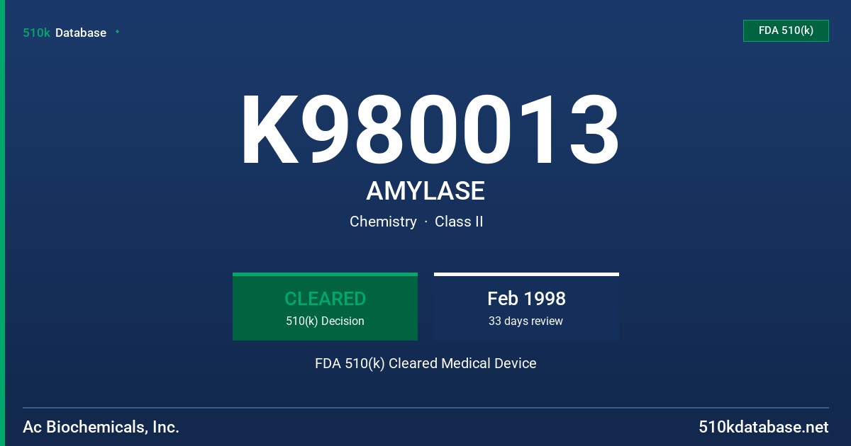 K980013 AMYLASE FDA 510(k) Cleared Medical Device