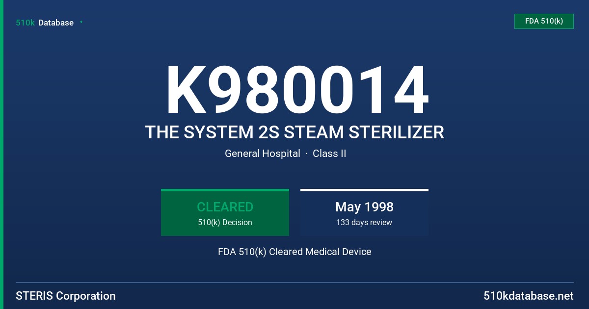 K980014 THE SYSTEM 2S STEAM STERILIZER FDA 510(k) Cleared Medical Device