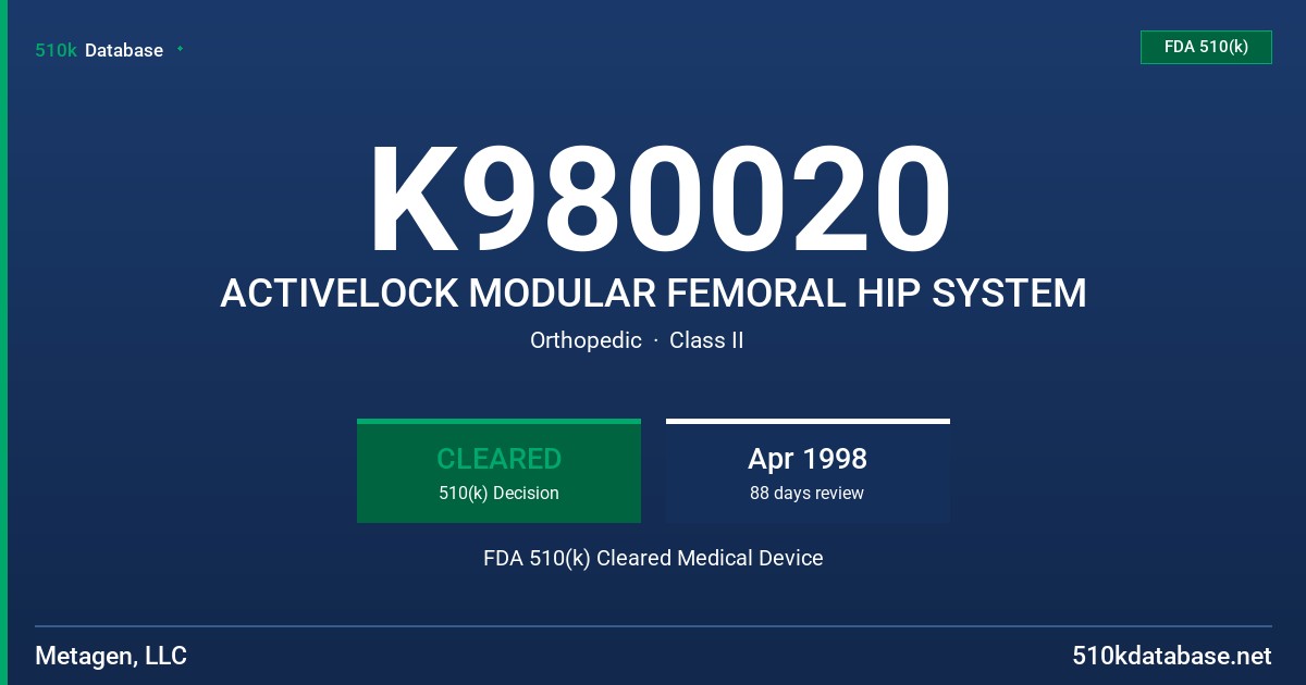 K980020 ACTIVELOCK MODULAR FEMORAL HIP SYSTEM FDA 510(k) Cleared Medical Device