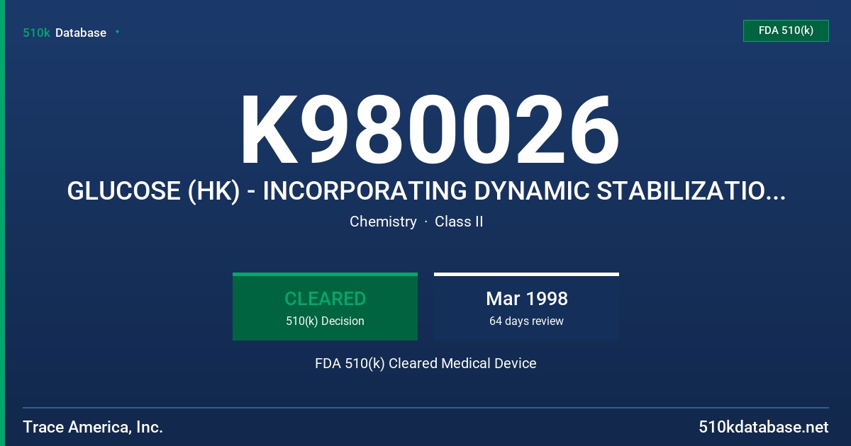 K980026 GLUCOSE (HK) - INCORPORATING DYNAMIC STABILIZATION TECHNOLOGY - (DST) FDA 510(k) Cleared Medical Device