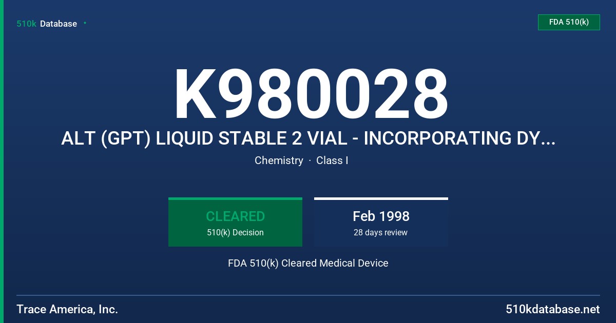 K980028 ALT (GPT) LIQUID STABLE 2 VIAL - INCORPORATING DYNAMIC STABILIZATION TECHNOLOGY - (DST) FDA 510(k) Cleared Medical Device