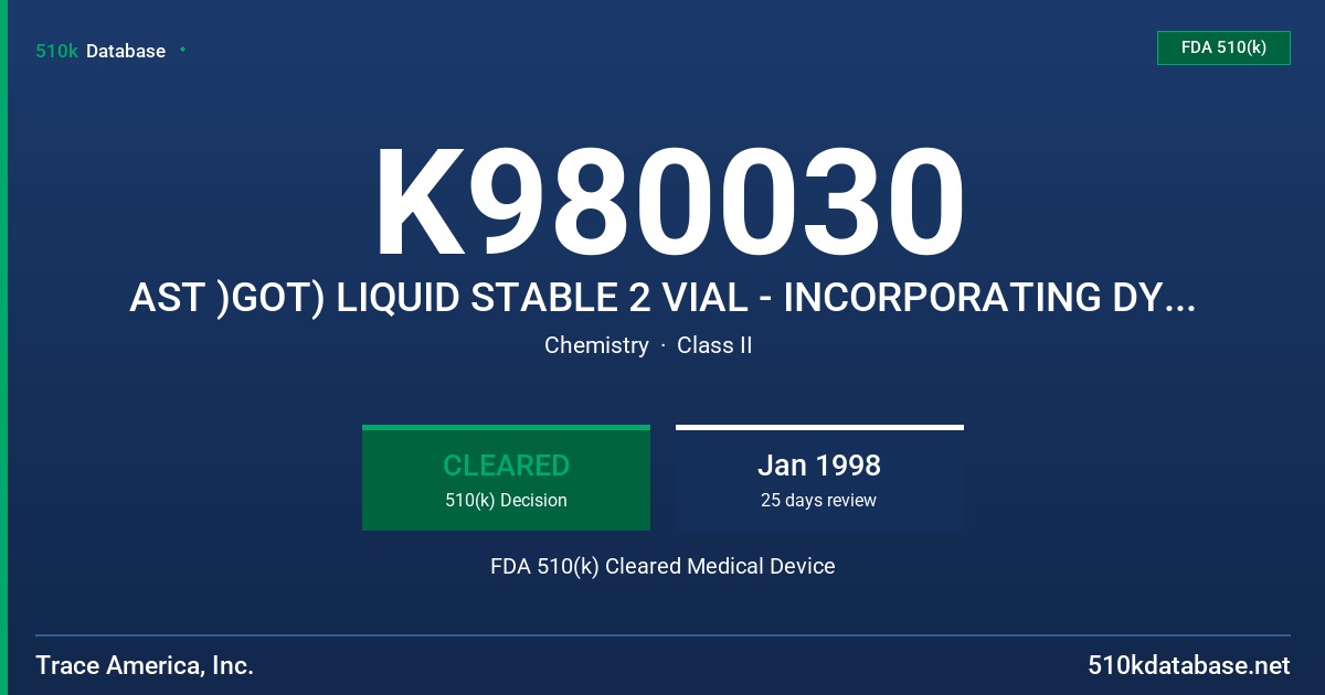 K980030 AST )GOT) LIQUID STABLE 2 VIAL - INCORPORATING DYNAMIC STABILIZATION TECHNOLOGY - (DST) FDA 510(k) Cleared Medical Device