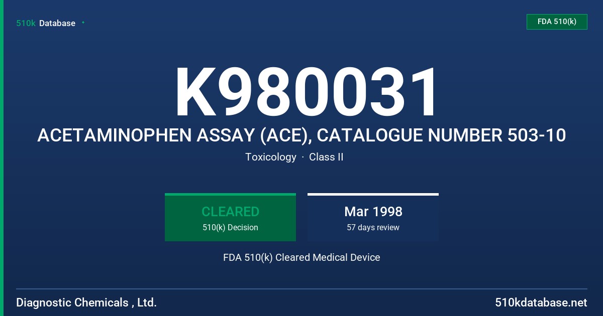 K980031 ACETAMINOPHEN ASSAY (ACE), CATALOGUE NUMBER 503-10 FDA 510(k) Cleared Medical Device