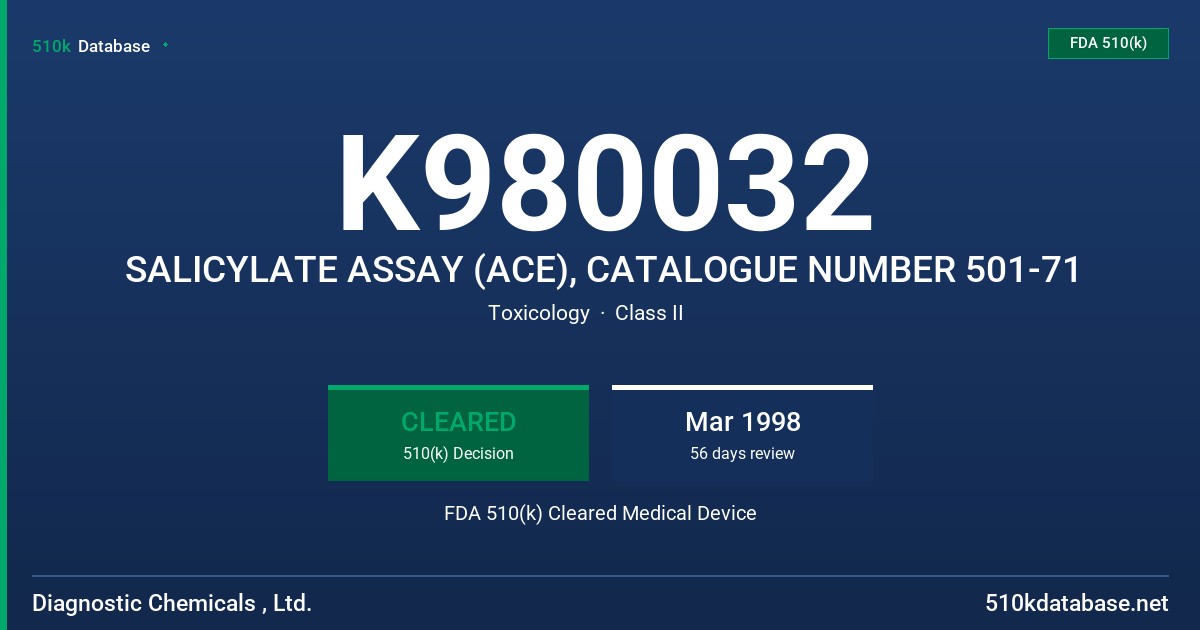 K980032 SALICYLATE ASSAY (ACE), CATALOGUE NUMBER 501-71 FDA 510(k) Cleared Medical Device