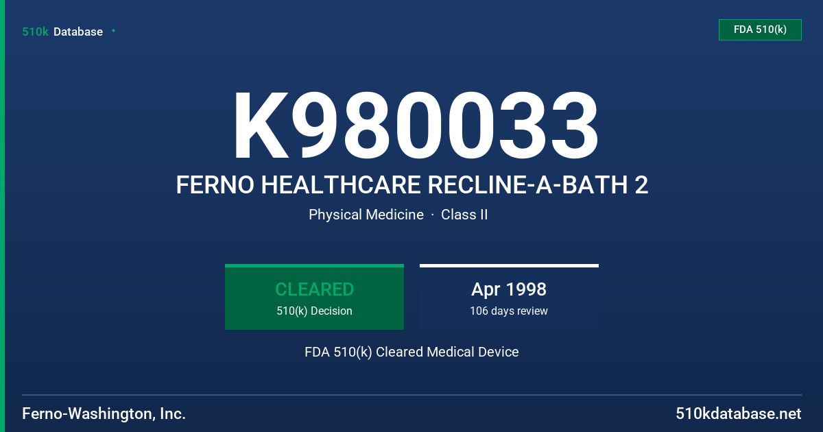 K980033 FERNO HEALTHCARE RECLINE-A-BATH 2 FDA 510(k) Cleared Medical Device