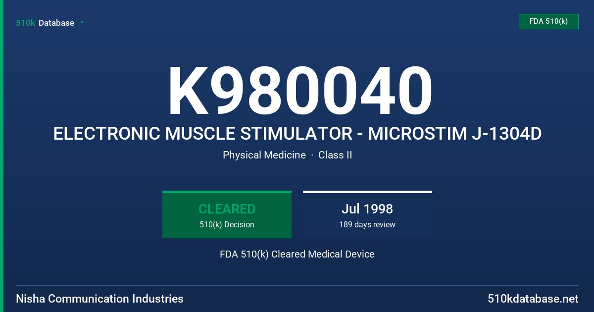 K980040 ELECTRONIC MUSCLE STIMULATOR - MICROSTIM J-1304D FDA 510(k) Cleared Medical Device