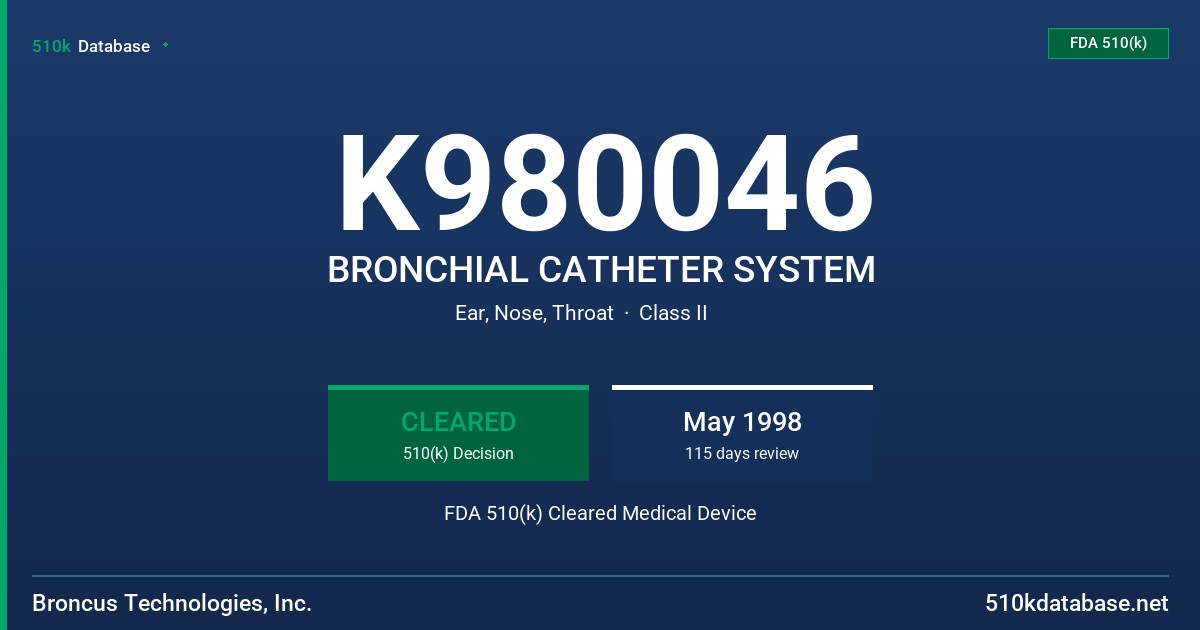 K980046 BRONCHIAL CATHETER SYSTEM FDA 510(k) Cleared Medical Device