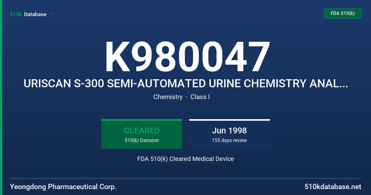 K980047 URISCAN S-300 SEMI-AUTOMATED URINE CHEMISTRY ANALYZER FDA 510(k) Cleared Medical Device