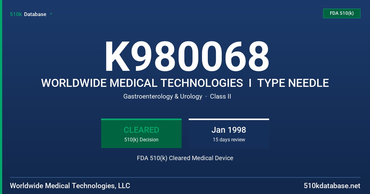 K980068 WORLDWIDE MEDICAL TECHNOLOGIES  I  TYPE NEEDLE FDA 510(k) Cleared Medical Device