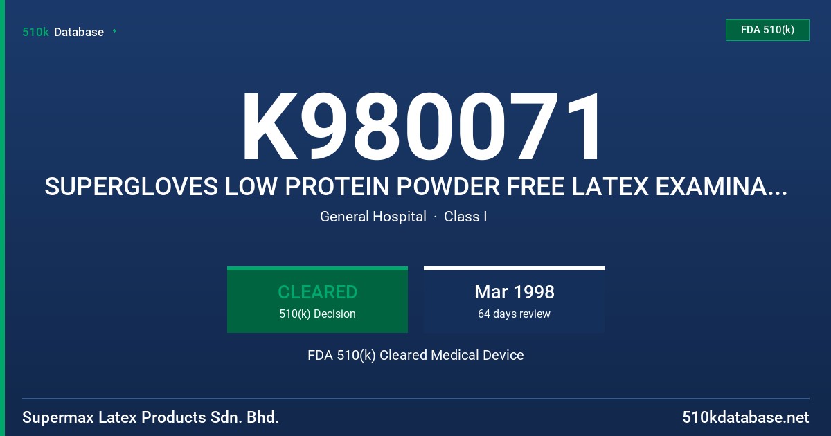K980071 SUPERGLOVES LOW PROTEIN POWDER FREE LATEX EXAMINATION GLOVES FDA 510(k) Cleared Medical Device
